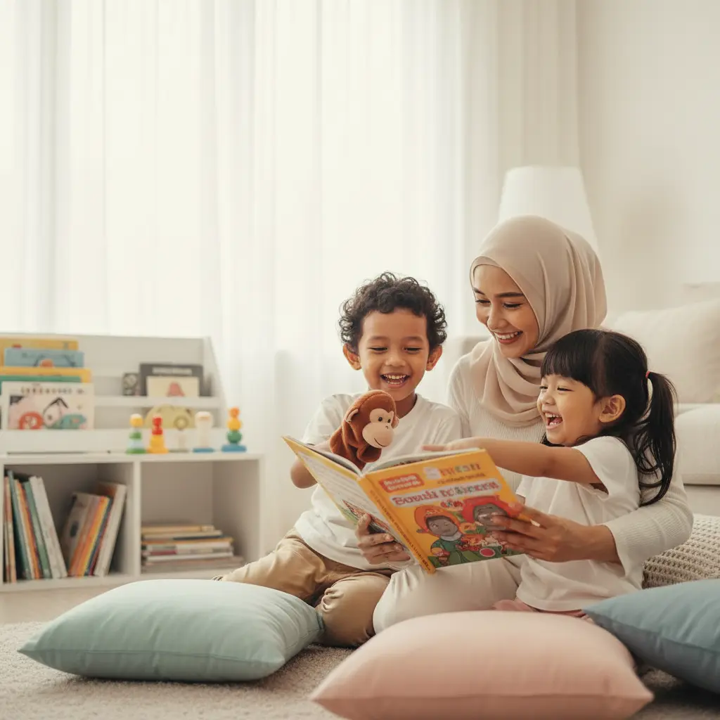 Orang tua membacakan buku interaktif, anak memegang boneka tangan saat story time.